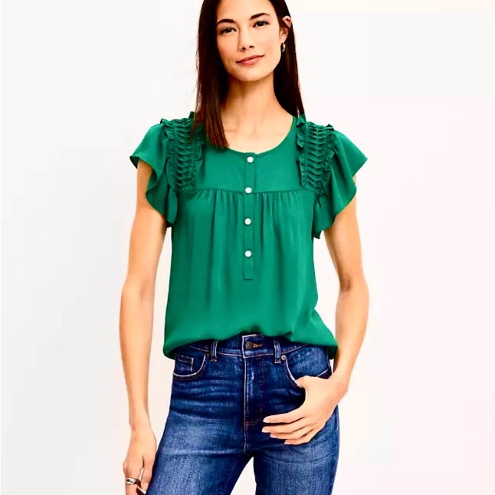 LOFT Emerald Ruffle Sleeve Mixed Media Blouse
